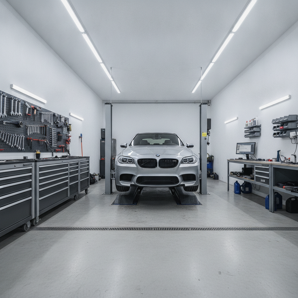 German auto repair bay with a car on a lift